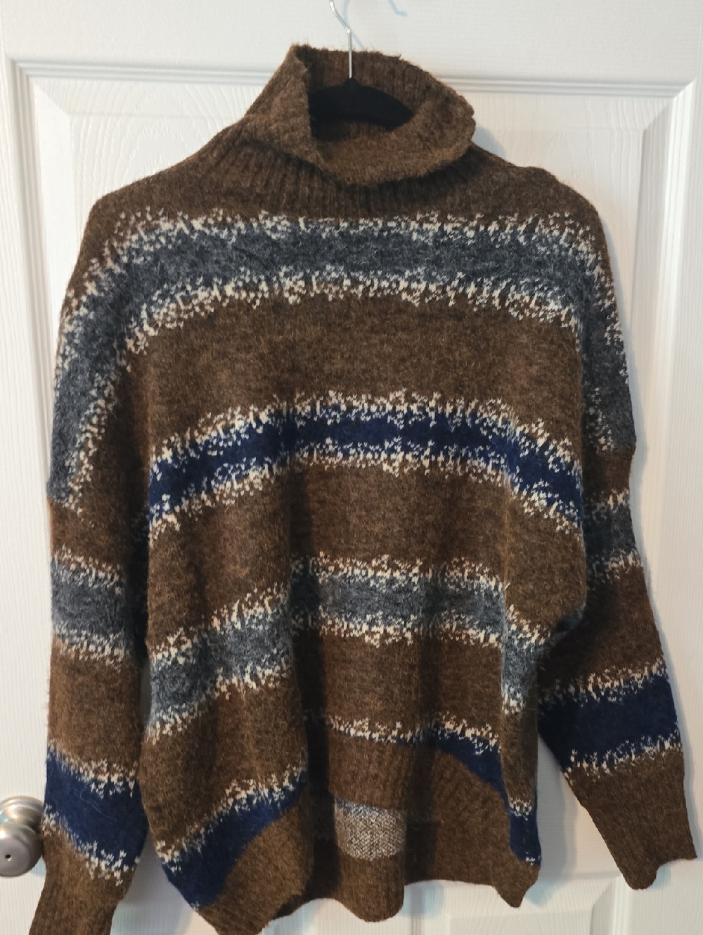 Cozy Brown Cowl Neck Sweater with Blue & Gray Stripes